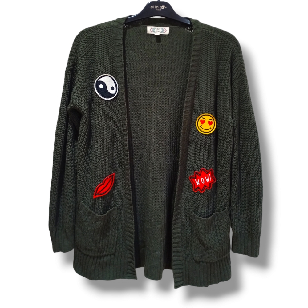 PINK ROSE Women's Army Green Emoji Knit Cardigan